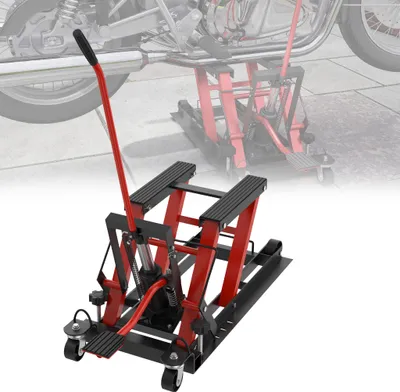 Image de UISEBRT Cric hydraulique pour moto 680 kg, pont élévateur pour moto avec supports caoutchoutés, cric mobile, réglable en hauteur, stable, rouge
