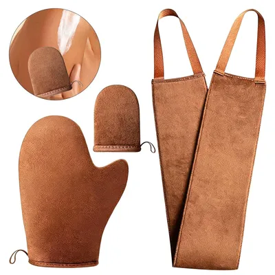 Produktbild von 3er Selbstbräuner Handschuh-Set mit Rückenapplikator, für streifenfreies Auftragen von Lotion, Öl & Mousse, waschbar & wiederverwendbar