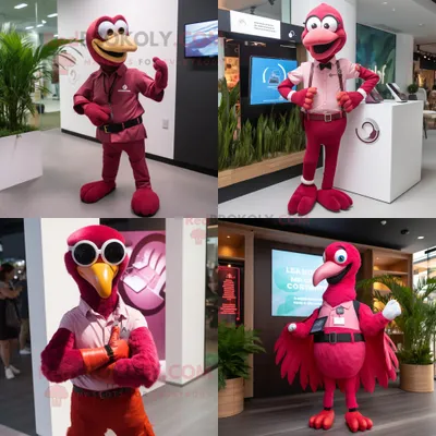 Produktbild von Kastanienbrauner REDBROKOLY Flamingo Maskottchen Kostüm charakter gekleidet mit Weste und Smartwatches