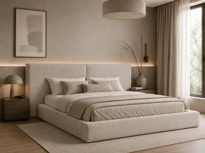 Produktbild von MOEBLO Polsterbett Bett 06 – Doppelbett mit gepolstertem Kopfteil, Bettkasten, Lattenrost und Gasfedermechanismus - 140x200 - Beige (Arena 20)
