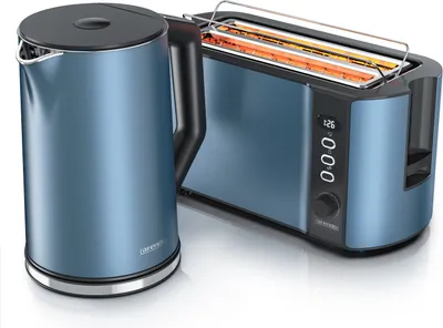 Produktbild von Arendo 2-teiliges Frühstücksset - Edelstahl Wasserkocher 1,5l, 4-Scheiben Langschlitz Toaster, Blau Matt