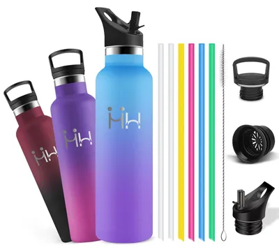 Produktbild von Trinkflasche Edelstahl, 1l, Trinkflasche Sport, Thermos mit 6 Strohhalm