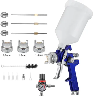 Produktbild von Farbpistole - HVLP Lackierpistole - Einstellbare Flussregelung - Luftdruckregler - 600 ml Kunststoffbecher - 3 Düsen - Blau