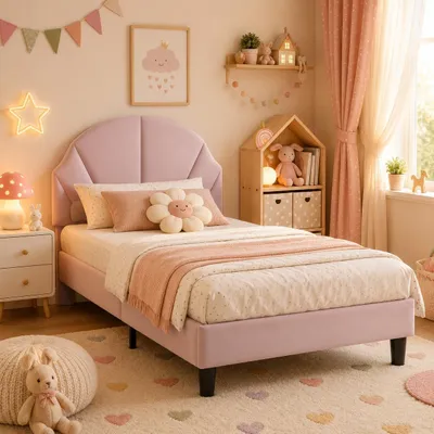 Immagine prodotto di Letto imbottito INONEFT, 90x200 cm, letto per bambini con testiera a forma di conchiglia e rete a doghe, letto singolo con testiera regolabile in altezza, rivestito in velluto, colore rosa