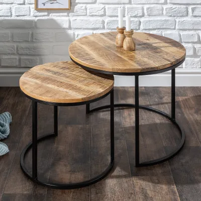 Produktbild von riess-ambiente Industrial 2er Set Beistelltische ELEMENTS 60cm Mangoholz massiv rund schwarzes Metallgestell Couchtisch Tisch