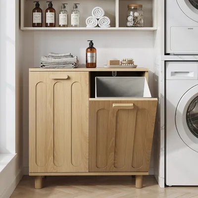 Image de Panier à linge basculant avec panier amovible, couleur chêne, pour la salle de bains