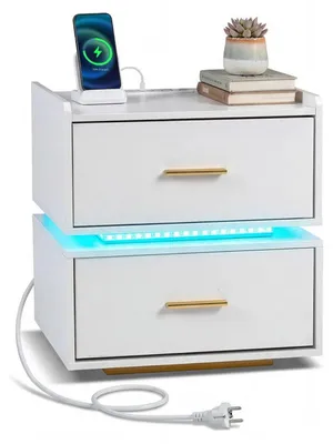 Produktbild von KOMFOTTEU Nachttisch, Beistelltisch mit RGB LED-Beleuchtung, Nachtschrank mit Steckdosen, USB- & Typ-C-Anschluss, Sofatisch mit 2 Schubladen, moderner Nachtschrank für Wohnzimmer & Schlafzimmer, 45 x 40 x 48 cm