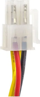 A close-up of a white electrical connector with three wires (yellow, red, and black) extending from it.