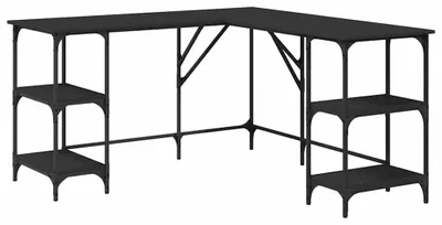 Zdjęcie produktu dla Biurko w kształcie litery L - czarne - 139 x 139 x 75 cm - wykonane z drewna i metalu - z regulowanymi nogami - do użytku w domu i w biurze