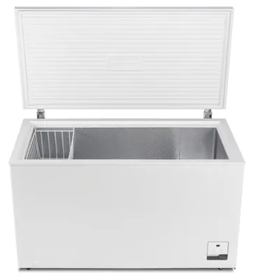 An open chest freezer with a wire basket inside, shown from the front.