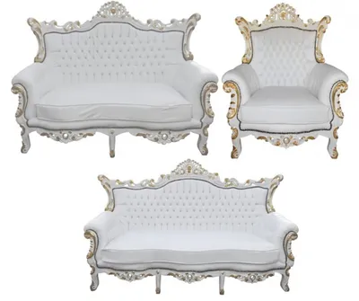 Produktbild von Casa Padrino Barock Wohnzimmer Set Master im Antik Stil Weiss / Gold - 3er Sofa, 2er Sofa, Sessel