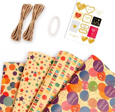 Image de Lot de 4 feuilles de papier cadeau, idéal pour les anniversaires, en papier kraft de 80g, avec cordon et autocollants, pour la décoration de fêtes