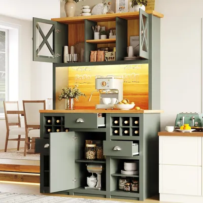 Immagine prodotto di Mobile da cucina con ante in vetro e illuminazione a LED, dimensioni 120x45x188 cm, colore verde