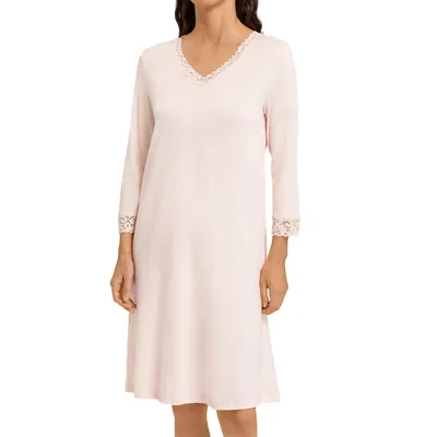 Image de Chemise de nuit Hanro Moments, longueur 100 cm, manches longues, avec dentelle décorative, en coton mercerisé de qualité interlock