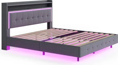 Obrázek produktu pro Čalouněná postel 140x200, se zásuvkou USB a světlem LED, konstrukce se skrytými nožičkami, manželská postel, lněná tkanina šedá