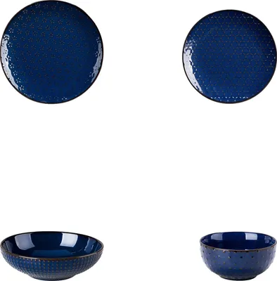 Produktbild von Keramisches Geschirrset, elegantes Design, mikrowellen- und spülmaschinenfest, Blau-16, 16 Stück