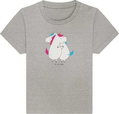 Produktbild von Mr. & Mrs. Panda  T-Shirt Einhörner Umarmen 6. - 12. Monat - Heather Grey - Geschenk, Unicorn, Einhorn, Baby Top, Familie, Kurzarmshirt, Jerseyshirt, Schwestern, Liebe