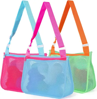 Produktbild von 3 Stück Strandspielzeug Tasche, Tasche für Sandspielzeug Kinder, Muschel Sammeltasche, Netztasche für Sandspielzeug, Spielzeug Aufbewahrungstasche mit Reißverschluss, Schwimmbad, Camping, Reisen (B)