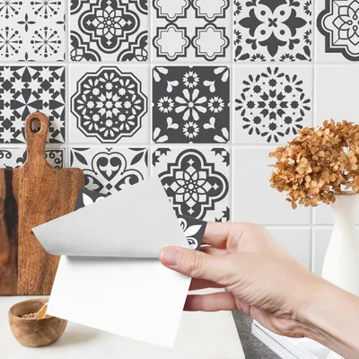 Produktbild von Fliesenaufkleber Klebefliesen Selbstklebende Fliesen für Küche Bad Möbel Schrank Wand Mosaikfliesen Küchenruckwand Schwarzweißes marokkanisches Mosaik Br. 90cm x Hö. 60cm