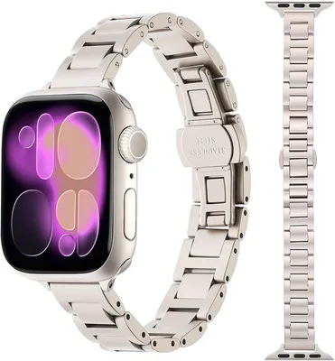 Produktbild von Stravo Slim Edelstahl Uhrenarmband Schmuck passend für Apple Watch 49/46/45/44 mm Serie 4-11, Ultra 1/2/3 mit Faltschließe – Starlight