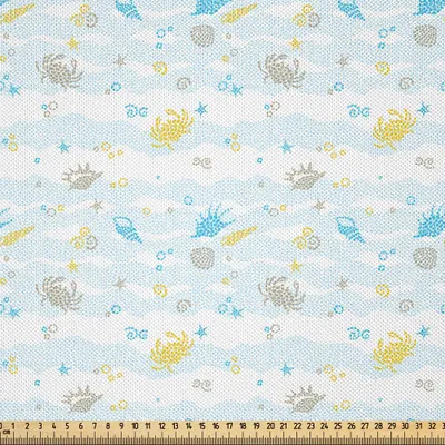 Produktbild von ABAKUHAUS Krabben Satin Stoff als Meterware, Maritime Seethema-Krabben und Muscheln Tiere auf dem beschmutzten Hintergrund-Druck, 1 M (148 x 100 cm), Blau und Gelb