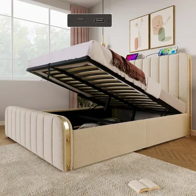 Obrázok produktu pre Flieks čalúnená posteľ 160x200cm s funkciou nabíjania (USB, typ C), manželská posteľ s úložným priestorom a lamelovým roštom, hydraulická posteľ pre mladých s pružinovým boxom, posteľná bielizeň