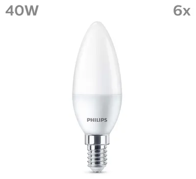 Imagen del producto de Philips, 6 bombillas tipo vela, 40 W, casquillo B35 E14, 4,9 W, 40 W, casquillo E14, 470 lúmenes, 15000 horas, luz cálida