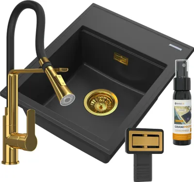 Zdjęcie produktu dla Granitan – zlewozmywak granitowy – zlewozmywak kuchenny – 50 x 40 cm – czarny – z baterią VEGAS GOLD – zlewozmywak – ALOR