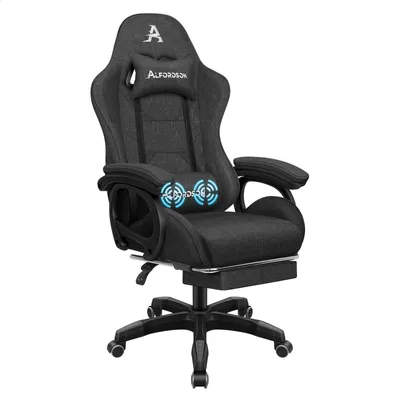 A black gaming chair with a footrest and lumbar support is shown against a white background.