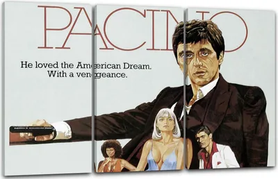 Produktbild von Leinwandbild 3-teilig (120x80cm): Filmplakat Filmmotiv Scarface Tony Montana Kunstplakat, echter Holz-Keilrahmen inkl. Aufhänger, handgefertigt in Deutschland