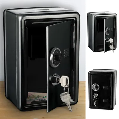 Produktbild von Spardose Tresor mit Schlüssel schwarz 12x18x10cm Metall Schlüssel Zahlenschloss Spartresor Sparbüchse Geldgeschenk
