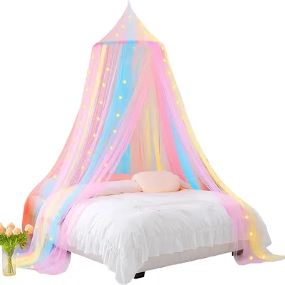 Productafbeelding van Regenboogbedluifel voor meisjes met muggennet, ronde koepel en bedgordijnen voor de meisjeskamer