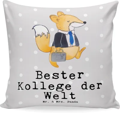 Produktbild von Mr. & Mrs. Panda Deko Kissen Fuchs Bester Kollege der Welt - Grau Pastell - Geschenk, Dankeschön, bedruckt, Abschiedsgeschenk, 40x40, kuschelkissen, Polster, Bedanken