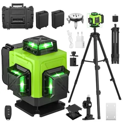 Immagine prodotto di Livella laser 4D - Laser a 16 linee per proiezioni incrociate - Autolivellante - 360° in orizzontale e verticale - Con treppiede e custodia in plastica - Telecomando - Raggio verde