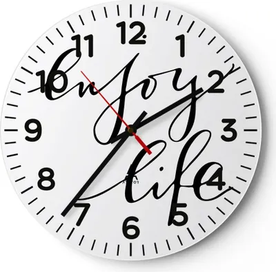 Produktbild von Wanduhr - Rund - Glasuhr - Genieße Leben Maxim - 40x40cm - Schleichendes Uhrwerk - Lautlos - zum Aufhängen bereit - Dekoration Modern - Wanddekoration aus Glas - C4AR40x40-4322