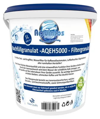 Produktbild von Aquintos Kalkschutz++ Nachfüll Granulat für Wasserfilter Kaffeevollautomaten Tischwasserfilter Filterpatrone Aquintos-Water-Technologie 5 Liter Refill Filtergranulat AQEH auch für sehr hartes Wasser geeignet. AQEH5000