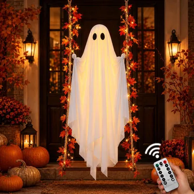 Hängender Halloween-Geist 1,3 m mit LED-Lichterkette und Fernbedienung