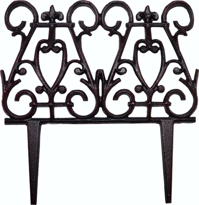 A decorative cast iron garden border with two pointed stakes for insertion into the ground.