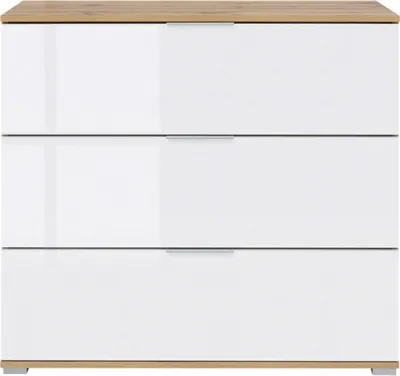 A front view of a white dresser with a wood-grain top.