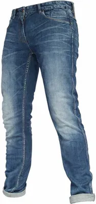 A pair of blue denim jeans shown from the front.