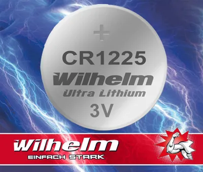A close-up of a CR1225 lithium coin cell battery with brand and specifications visible, set against a background of blue lightning.
