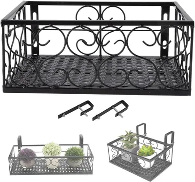 Productafbeelding van IJzeren hangende bloemenrekmand, zwart metalen raambloemstandaard Decoratieve relingplank