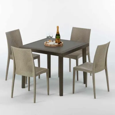 Produktbild von Poly Rattan Tisch Quadratisch mit 4 Bunten Stühlen 90x90 Braun Brown Passion