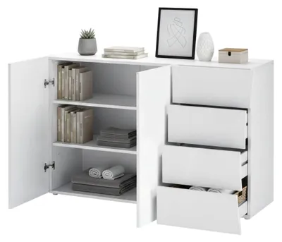 Produktbild von Kommode Dmogno, Küchen-Sideboard mit 2 Türen und 4 Schubladen, Wohnzimmer-Buffet, 100 %  Italy, cm 124x40h82, glänzend weiß