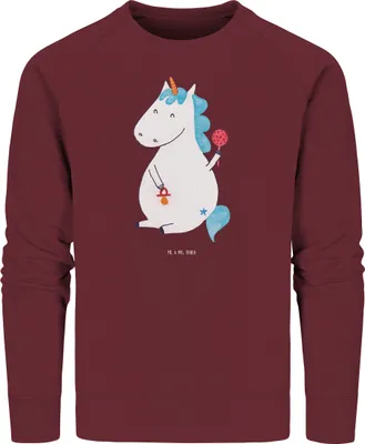 Produktbild von Mr. & Mrs. Panda Bio Pullover Einhorn Baby Größe XXL - Burgundy - Geschenk, Unicorn, Mutter, Schnuller, Baumwoll Sweatshirt, Einhörner, Pulli, Sweater, Eltern, Geburtstag