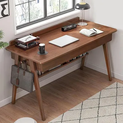 Immagine prodotto di Scrivania con cassetti - Scrivania da studio in legno massello - Arredamento per ufficio domestico - Gambe robuste in legno massello - 80x50x82 cm - Noce