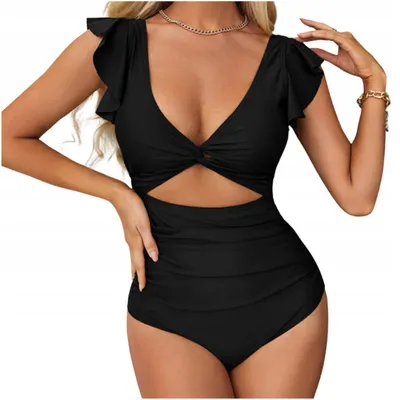 Produktbild von Badeanzug Damen Bauchweg - Monokini Schwarz - Gerafft - Rüschen - Cut-Out - M 38