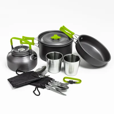 Produktbild von Camping Kochgeschirr für Outdoor Kochausrüstung mit Besteck und Tassen für 2 Personen Grün