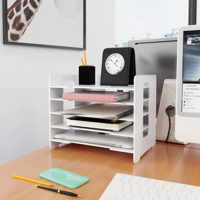 Produktbild von 5 Tier Schreibtisch-Organizer,Briefablage Stapelbar Dokumentenablage A4 Papier Briefablage Organizer für Home Office Schule Desktop 33.5X25.5X28cm