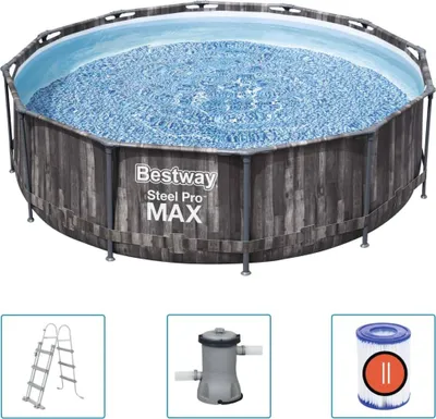 Produktbild von Bestway® Steel Pro MAX™ Frame Pool-Set mit Filterpumpe Ø 366 x 100 cm, Holz-Optik (Mooreiche), rund